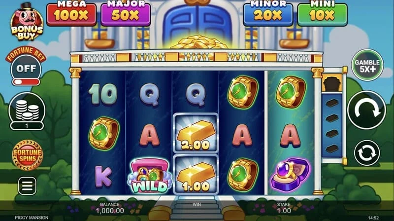 Piggy Mansion - game screen with a 5x3 grid and money symbols